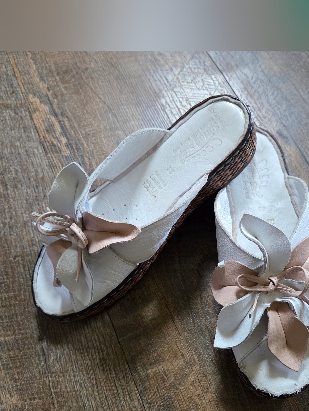 Spring Step White Slip-On Floral Wedge Sandals with Tan Accents